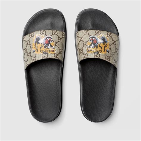 gucci tiger slides beige|Gucci tiger slip on goat.